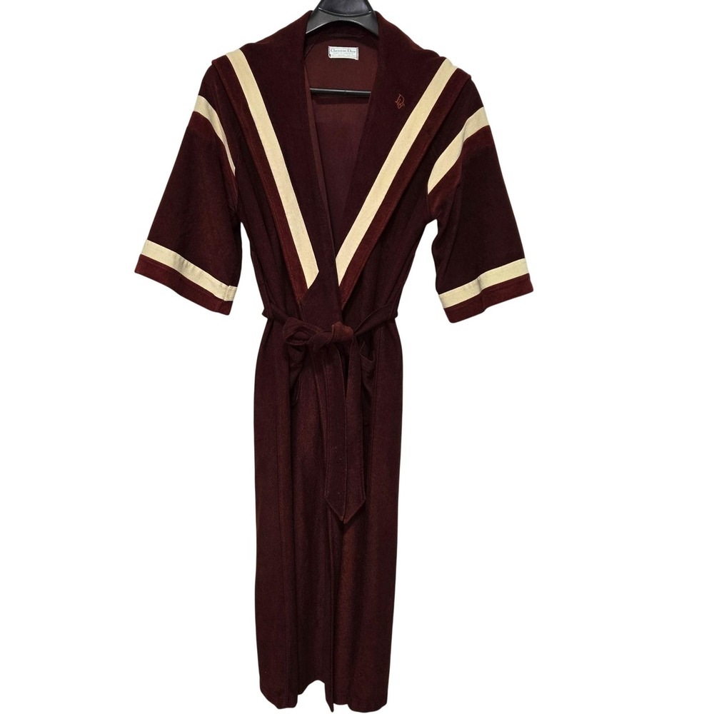 Christian Dior Robe Mens Burgundy Vintage Belted Monogram Hooded‎ Velour USA